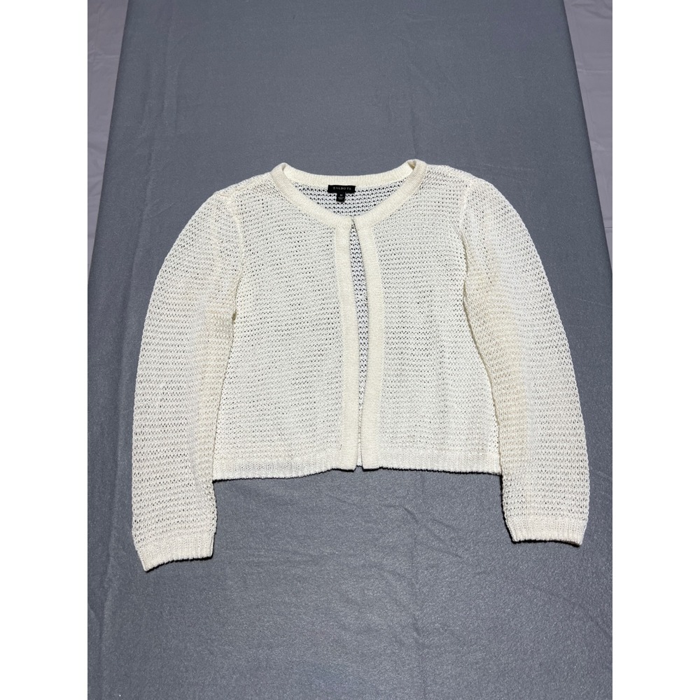 Talbots Womens Ivory Open Knit Mesh Cardigan Sweater Size M Cropped Cream Shrug